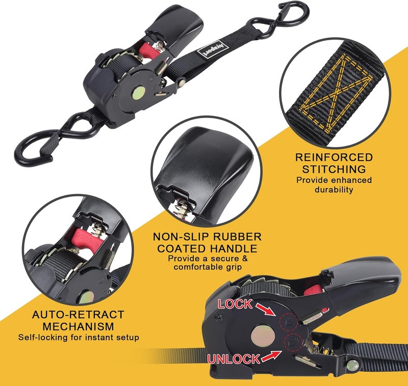 Ayaport Retractable Ratchet Straps 1in x 12.5ft – Heavy Duty 1200lbs Break Strength Ratchet Straps Self Retractable Tie Down with S Hooks for Motorcycles, Dirt Bikes, Atvs, Trucks, Cargo, Trailers - Image 3